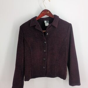 First Option Plaid Textured Knit Outdoor Wear Button-Up‎ Jacket Burgundy Size M